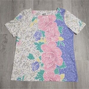 Vintage Vera Neumann Square Neck Floral Shirt Rare 70s USA Designer Womens Sz 16